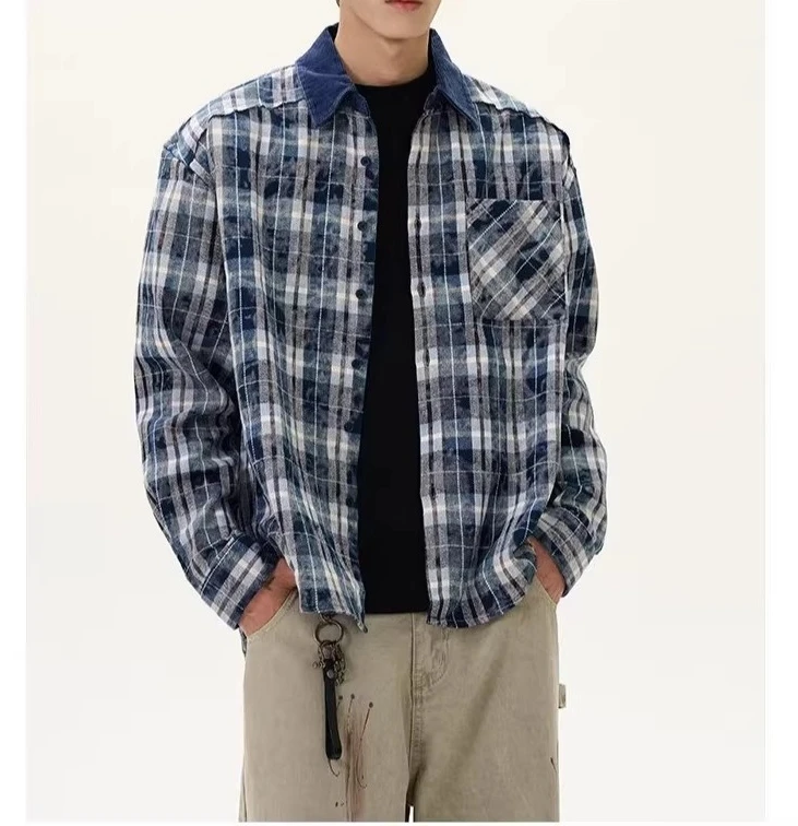 Vintage 2026 Spring and Autumn New Men's Loose Casual Splicing Plaid Long-sleeved Shirt Jacket
