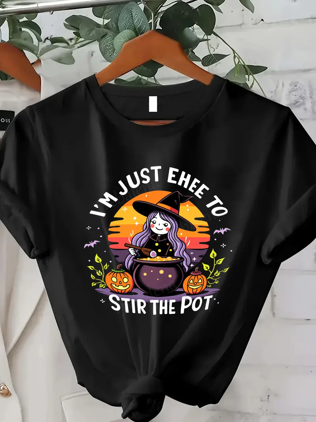 

Women T-shirt Cute Witch Stir the Pot Halloween T-Shirt for Women, Funny Halloween Tee