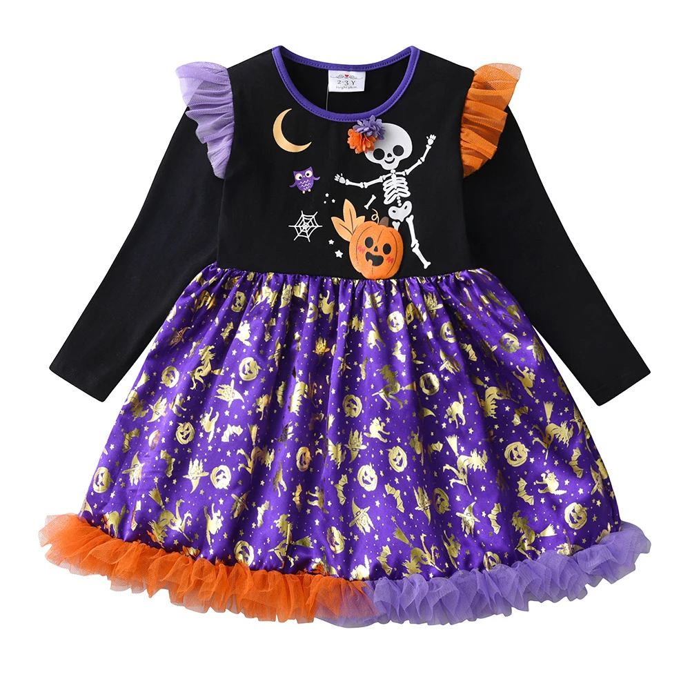 DXTON Girls Party Dress Pumpkin Skull Children Halloween Cosplay Party Costumes Patchwork Elegant Children Princess Dresses Up