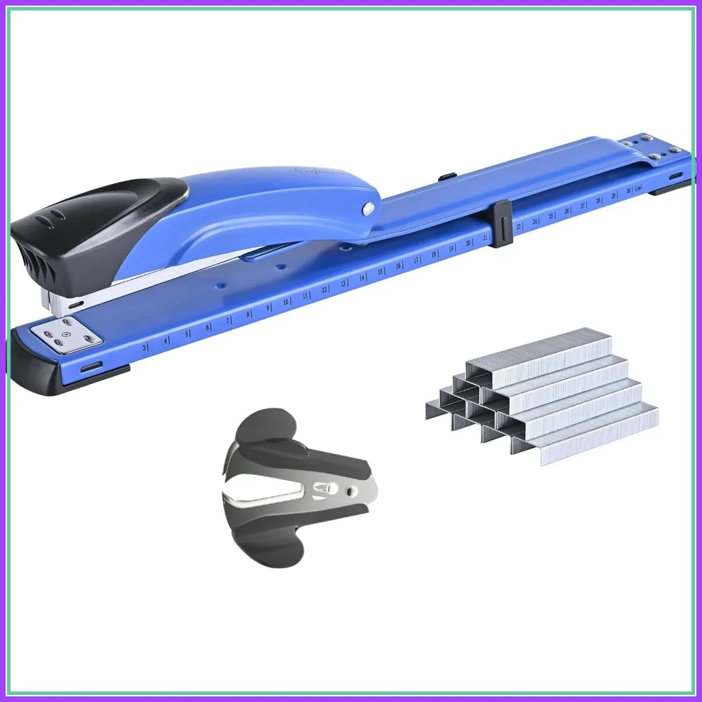 

Long Reach Stapler with 2000 Staples & Remover, 25-Sheet Capacity, Built-in Ruler, Adjustable Guide, Blue
