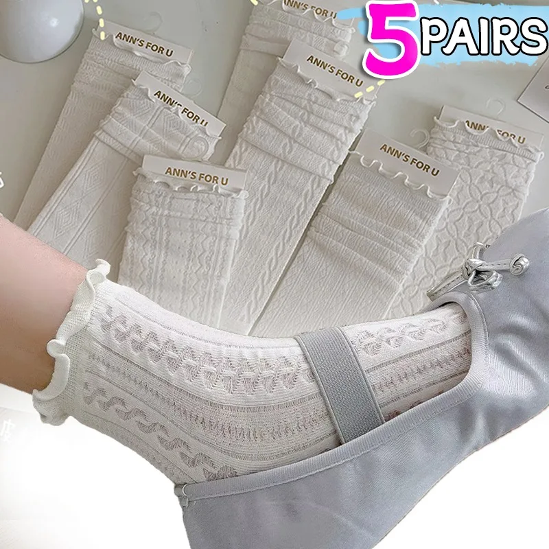 Chaussettes en maille pour femmes, dentelle respirante creuse, volants en coton, bas à tube moyen ultra-fin, mode Lolita, doux, été