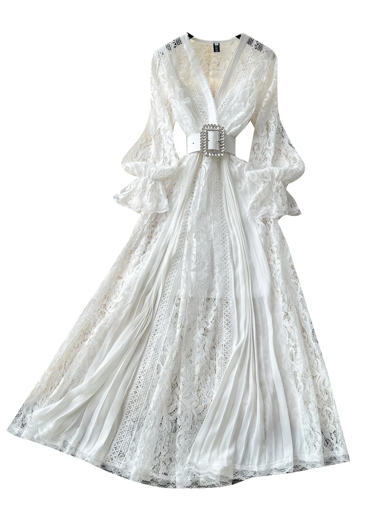 Ele V-ne Ruched الخصر هوك الدانتيل الدكتور المرأة تنورة طويلة الخريف 2025 جديد Sle الكورية Sle عالية الخصر ألف خط الدكتور #5