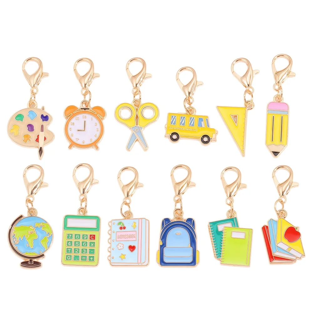 10Pcs School Theme Series Charms Drip Oil Globe Pencil & Backpack Pendants with Lobster Clasps for DIY Jewelry Making Supplies