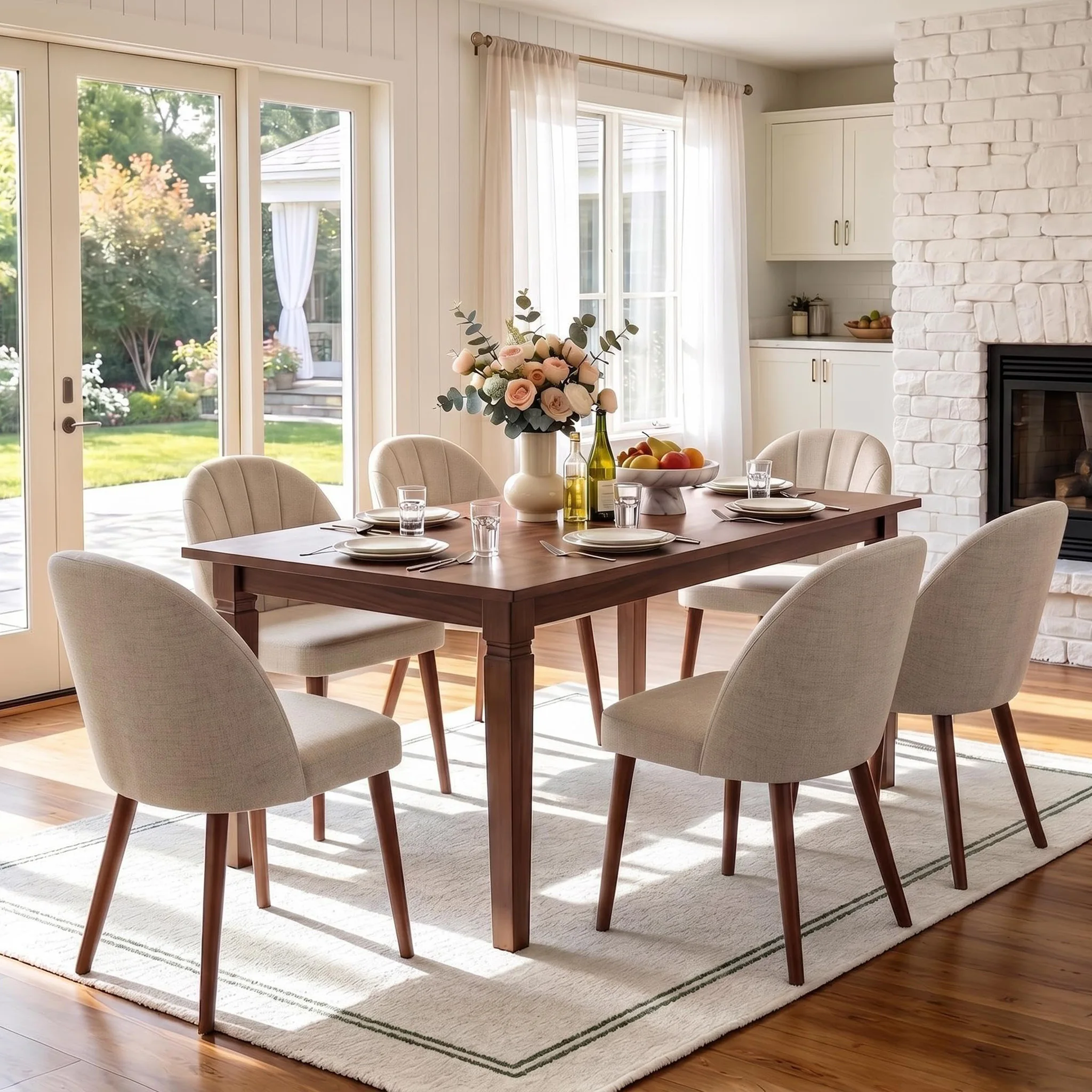 Dining Chairs Set Of 2, Modern Upholstered Fabric Kitchen Chairs, Curved High Back, Thick Padded Seat, Wood Frame, Easy Assembly