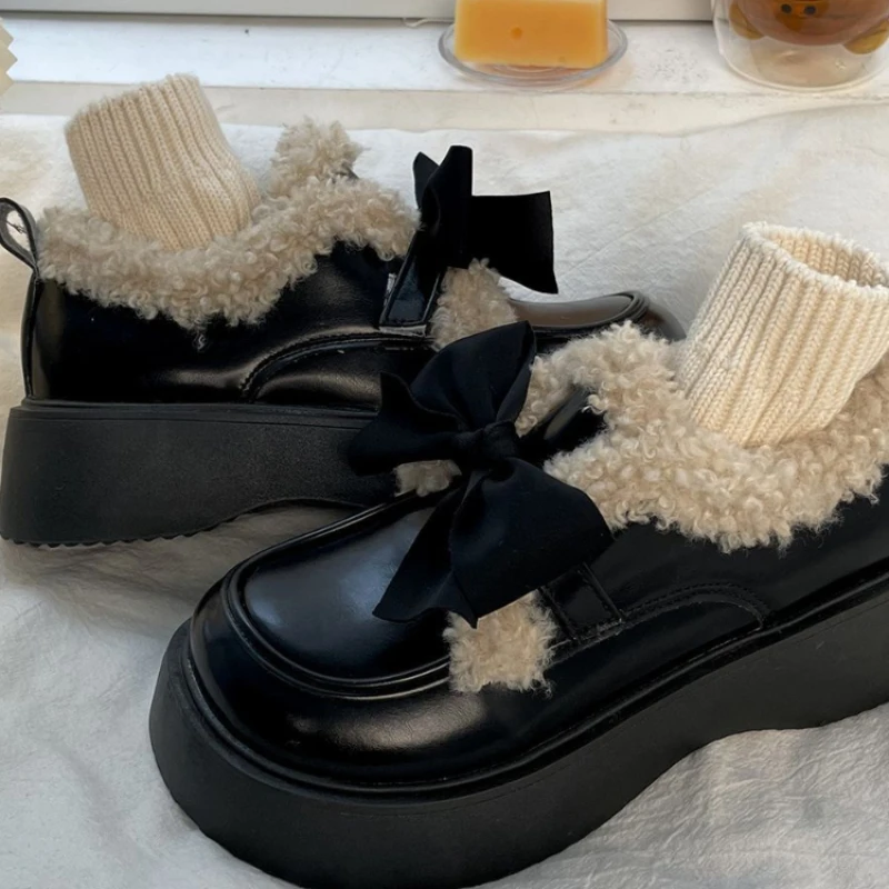 Winter Japanese Sweet Platform Shoes Women Warm Bow Vintage Kawaii Plush Shoes Female Pure Color Casual Comfortable Shoes 2023