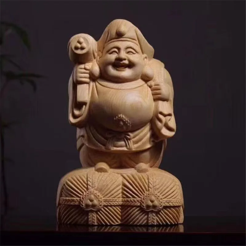 Great Dark Sky Wood Carving Buddha Ornaments, Dharma Protector, Qifu God God of Wealth, Wooden Crafts