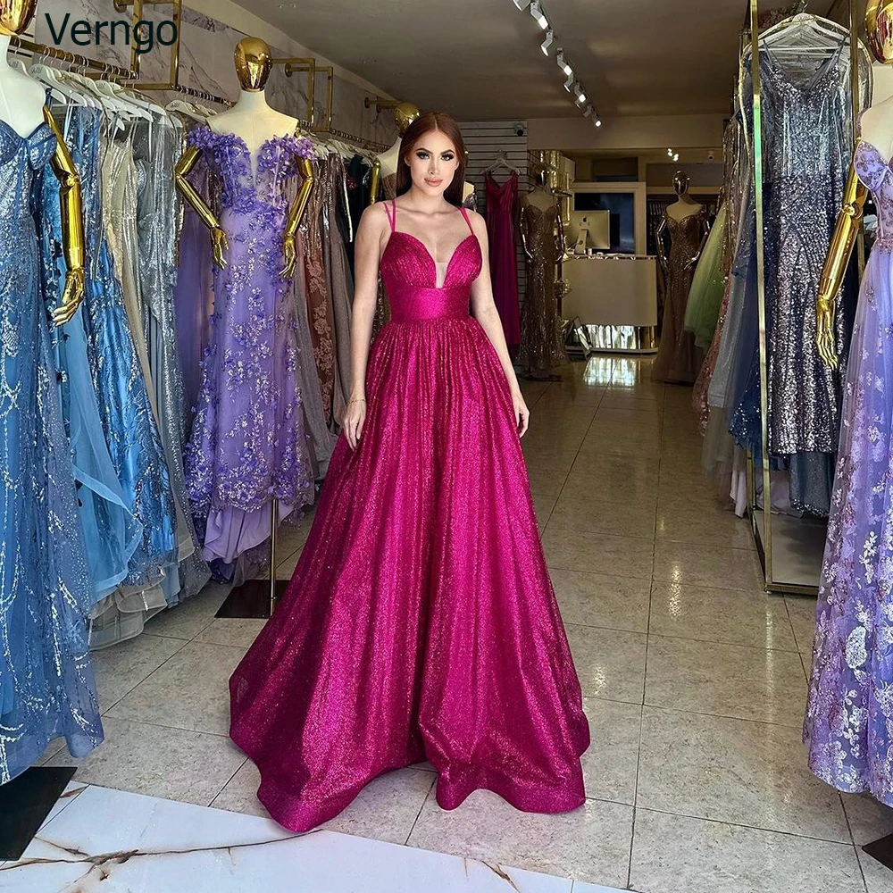 

Verngo Fuchsia Glitter Prom Dress A-line Sleeveless Sweetheart Evening Party Gown Arabic Formal Occasion Dress Robes De Soirée