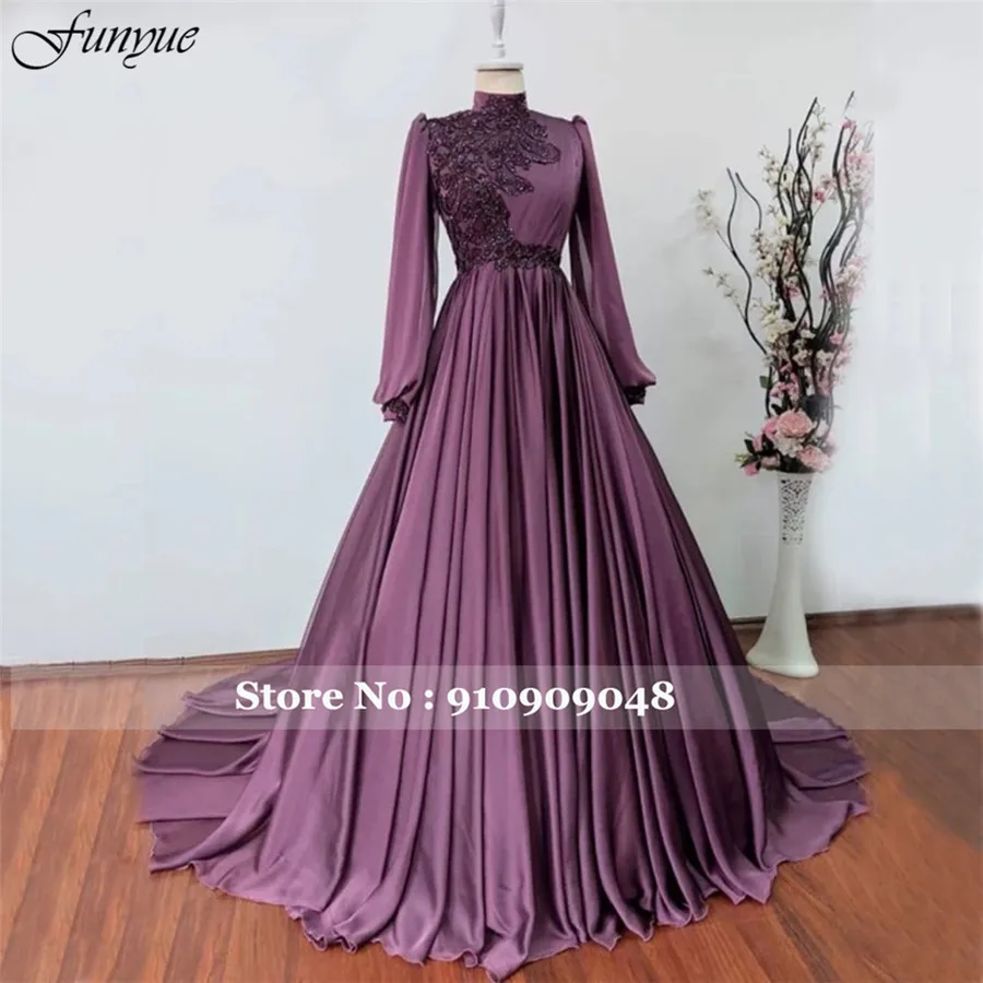 Funyue Long Sleeves Muslim Formal Dress Women High Neck Arabic Evening Party Ball Gowns Beads Chiffon Robe De Soiree Femmes