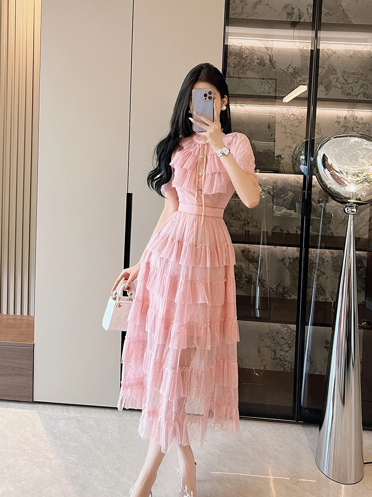 

Ele Pink Gown Women's High Waist Cake Skirt ort Sve round Ne A-Line Dr Polyester Fabric Bubble Sve Gown