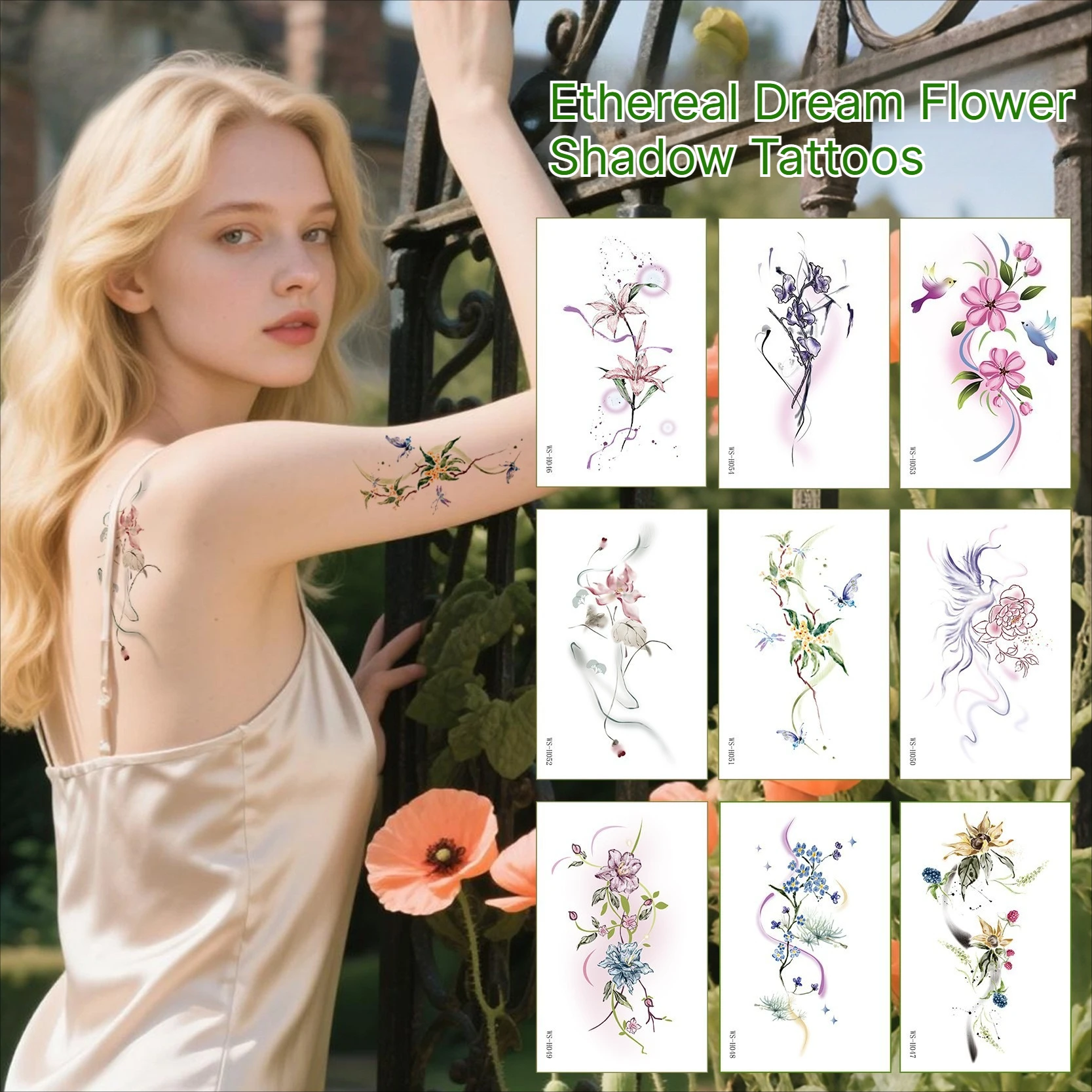 A 6/9 Pieces Realistic Waterproof Floral Shadow Tattoo Stickers, Non-reflective No Glue Body Patches for Adult Arm Neck Bone