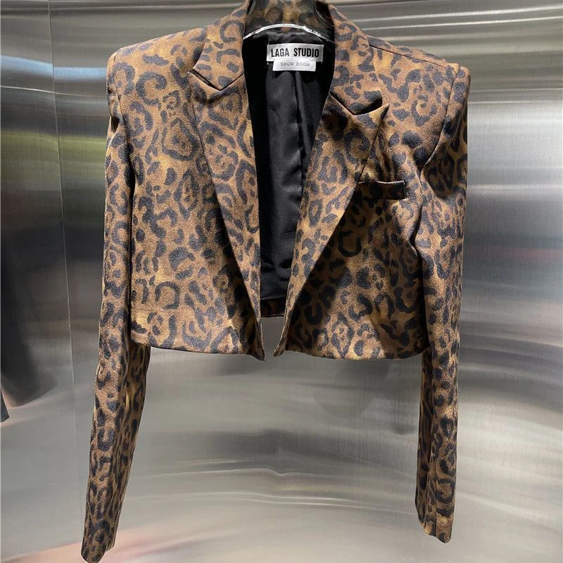 Kobiety Wiosna Leopard Printed Blazers Jacket Slimming Long Sleeved Suit Jacket Coat OL Turn Down Collar Cardigan High Waist Tops