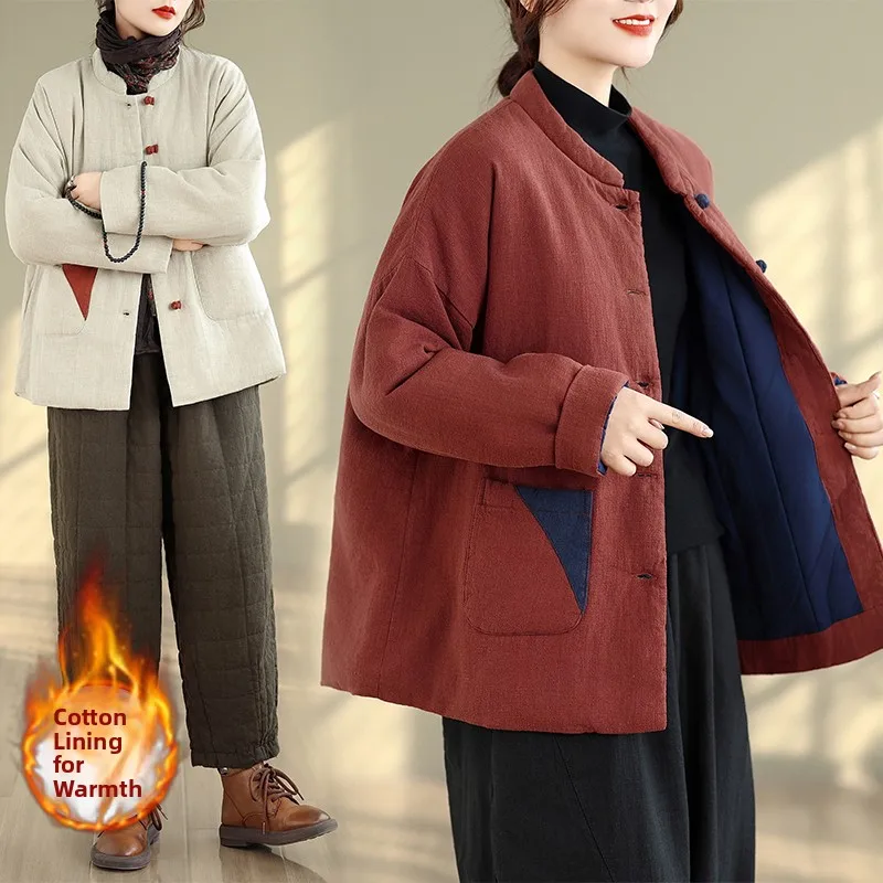 

Женская зимняя хлопковая куртка, верхняя одежда, китайская хлопковая одежда в стиле ретро, хлопково-льняной халат на пуговицах, женское пальто