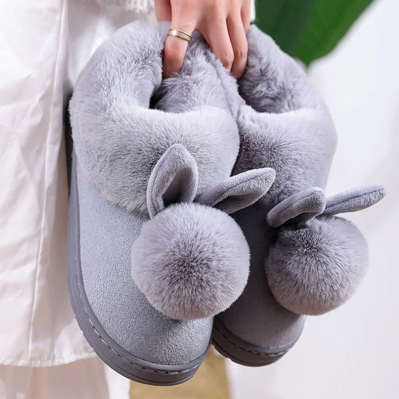 

2025 Winter Warm Home Fur Boots Womens Indoor Home Rabbit Shoe Furry Ears Footwear Indoor Bedroom Flat Heels Fluffy Ankle Boots