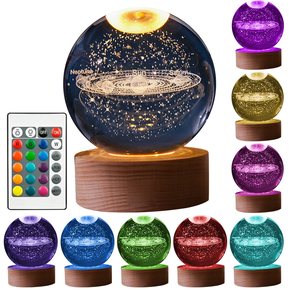 3D Moon Galaxy Globe Night Light Large 3D Galaxy Crystal Ball Night Light Wooden Base LED Crystal Table Lamp Ideal Birthday Gift