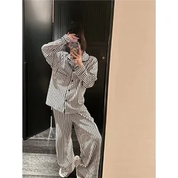 Korean Style Long Sleeve Pants Set Striped Open Cardigan Home Clothes for Women Autumn Spring Summer Four Seasons Universal