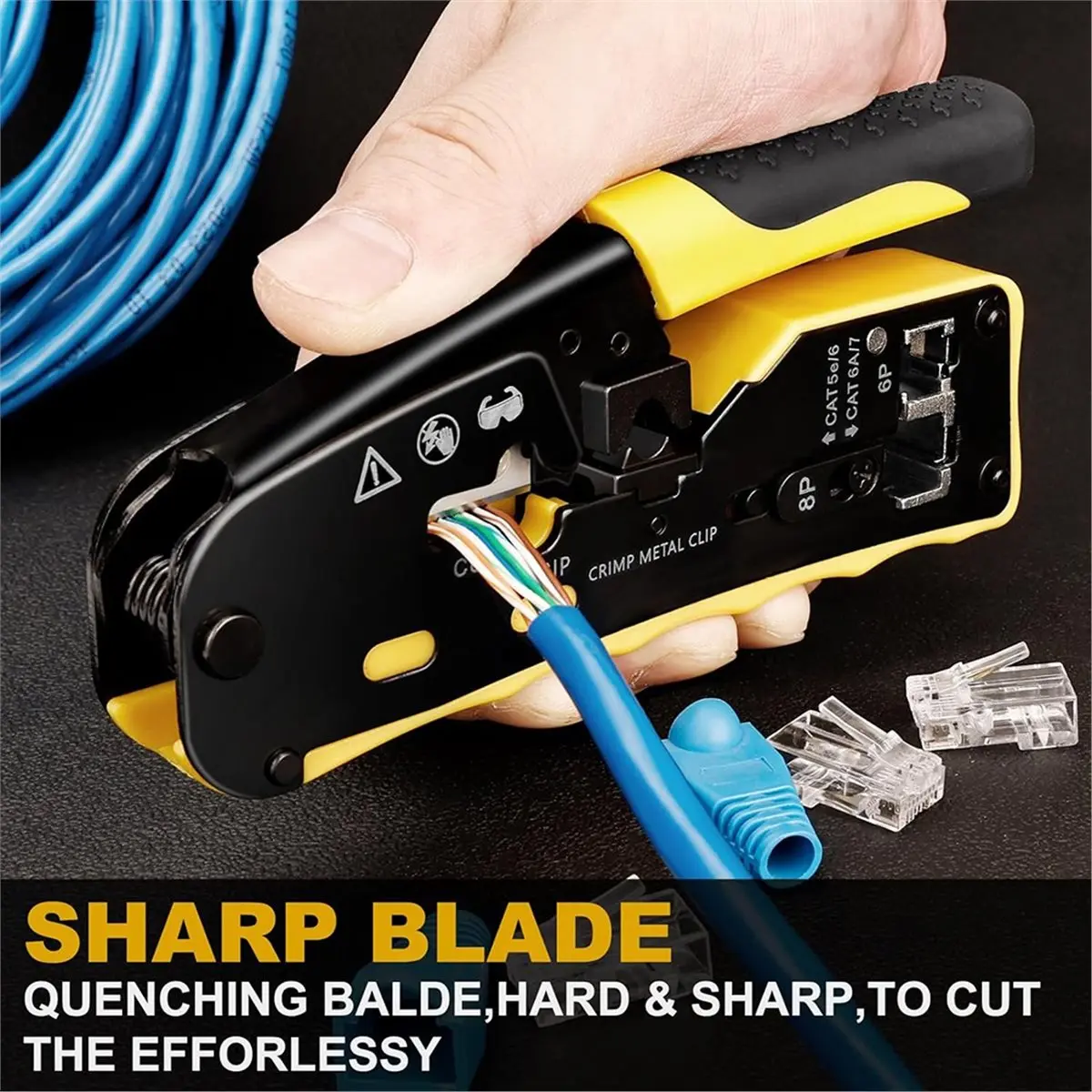 

RJ45 Crimp Tool Through Grade Ethernet Crimper Ratcheting Modular Data Cable Crimper for Cat5 Cat6 Cat6a Network Plugs