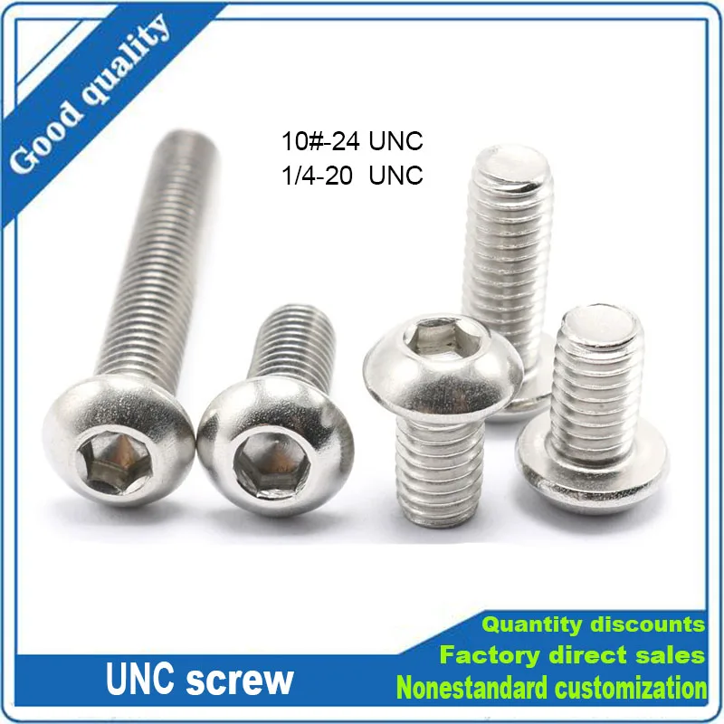 10pcs UNC 10#-24 1/4-20 304 A2-70 Stainless Steel US Coarse Thread Allen Hex Hexagon Socket Button Head Round Screw Bolt ISO7380
