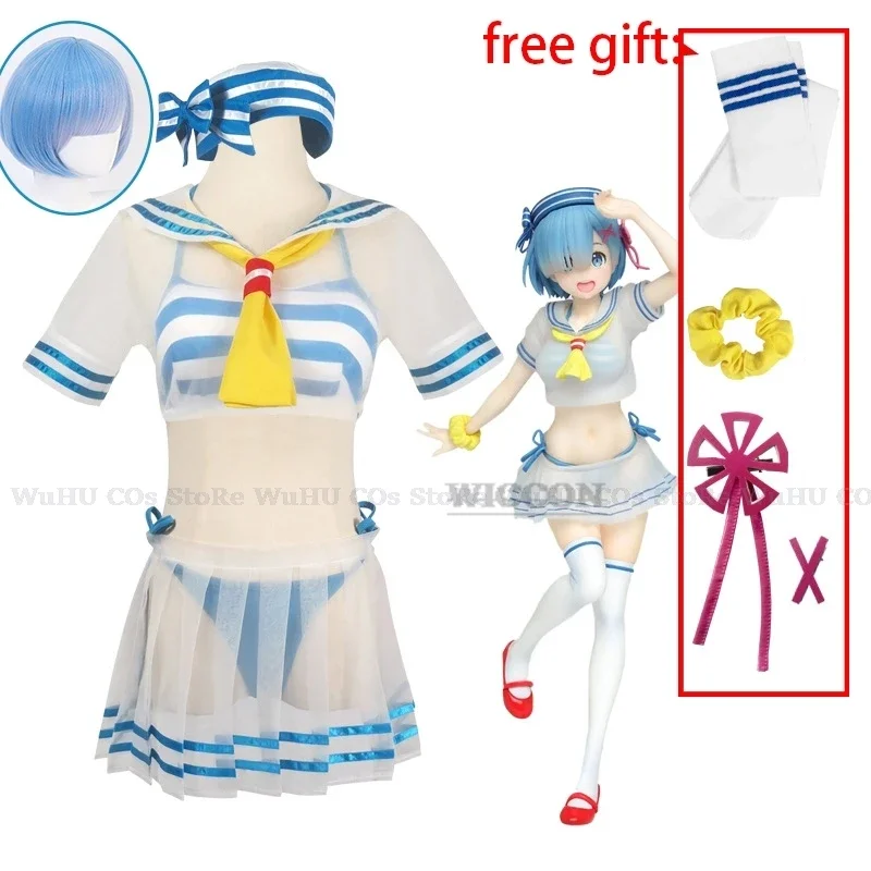 Anime Re Life In Zero Cosplay Rem Swimsuit Marine Ver Costume Women Sexy Cos Swimsuit Party Dress Hat Cos A Different World From