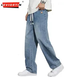 Men's regular fit straight leg jeans casual drawstring elastic waist denim pants lightweight carpenter Jean