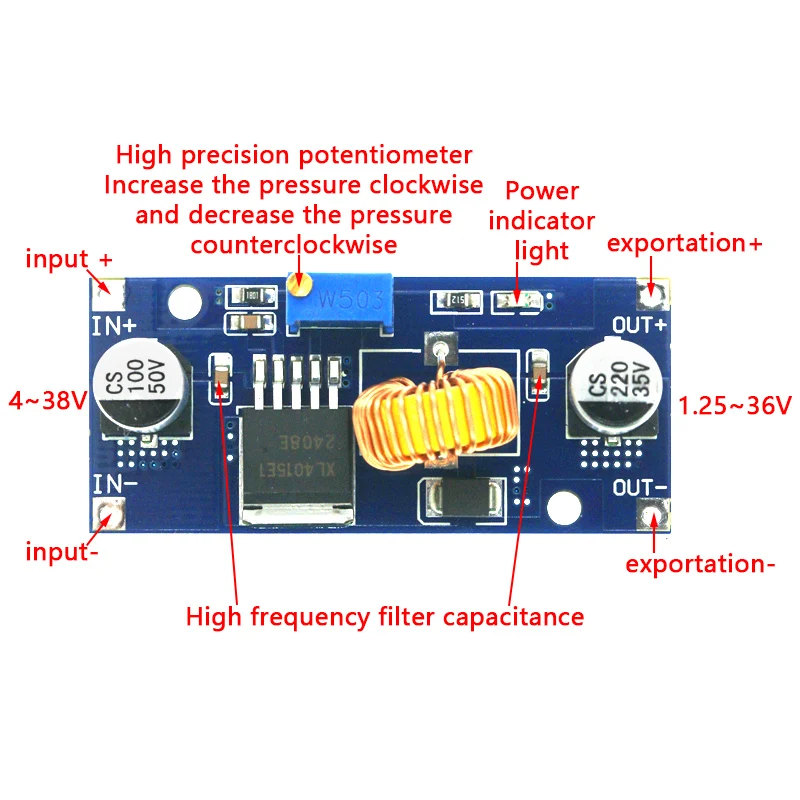 1PCS 5A XL4015 DC-DC 4-38V to 1.25-36V 24V 12V 9V 5V Step Down Adjustable Power Supply Module LED Lithium Charger With Heat Sink