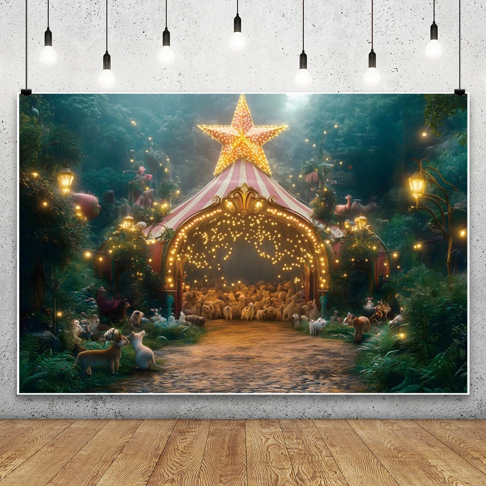 Telón de fondo de fotografía con tema de circo para niño y niña, globo de fiesta de cumpleaños, carpa de bosque de animales, Fondo de pastel para niño, utilería de estudio fotográfico