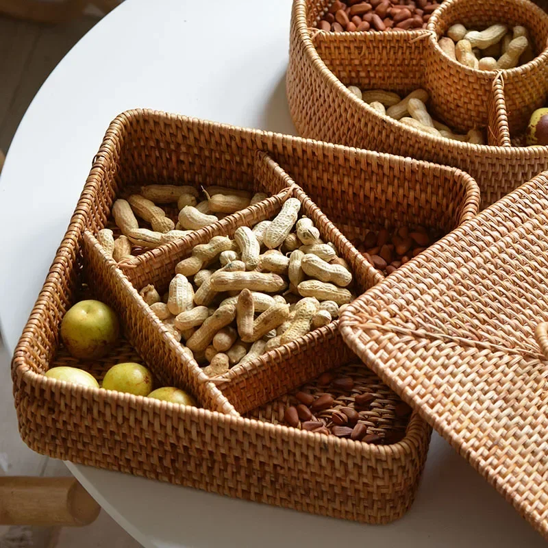 Natural Rattan Box 5 Grid Handwoven Basket for Candy Nuts Snacks Rattan Divider Storage Box with Lid Jewelry Storag Case