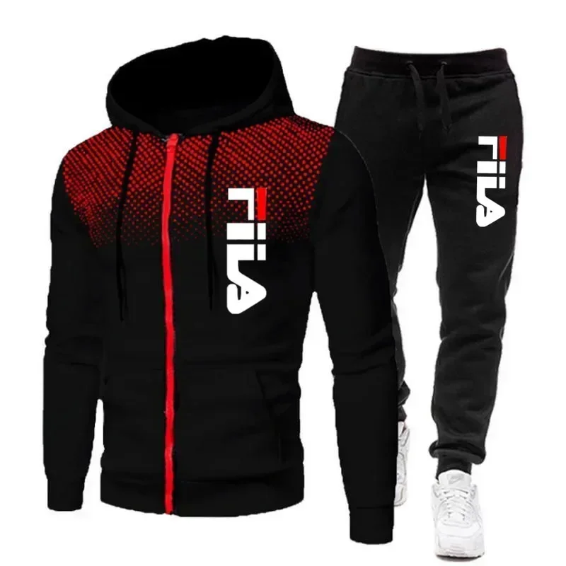 Autumn Winter Men Two Piece Tracksuit Zip Up Hooded Jacket Sweatpants Streetwear Fitness Casual Sport Outfit