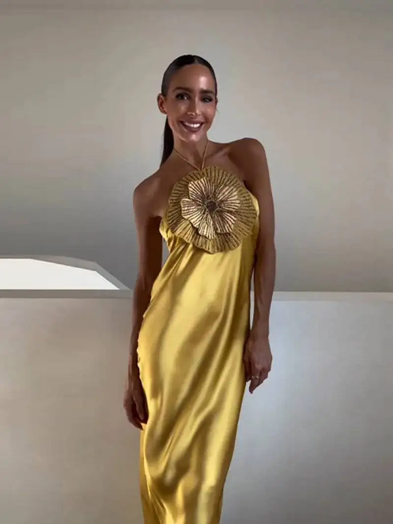 Elegante Party frauen Kleid 3D Blume Halfter Ärmellose Backless Meerjungfrau Satin Weibliche Kleider Sommer Chic Abend Dame Robe