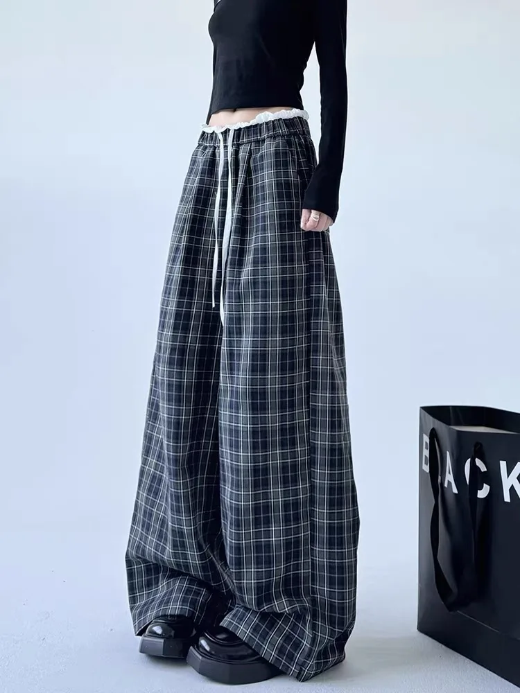 Women's y2k Vintage Streetwear Dark Black Plaid Pants Korean Fashion Style Ruffle Elastic Trousers Japanese 2000s style Clothes