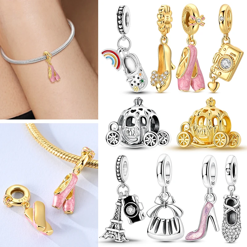 

925 Sterling Silver Charms High Heels Ballet Shoes Camera Beaded Pendant For Women Original Bracelet Necklace DIY Charm Jewelry