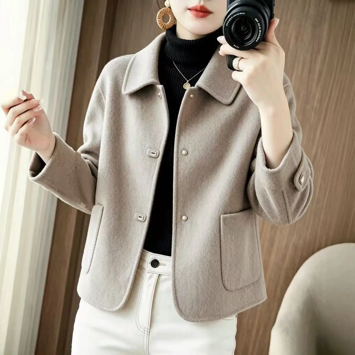 Women Fully Lined Double Faced Wool Coat Petite Loose Warm Winter Fashion Slimming Outerwear