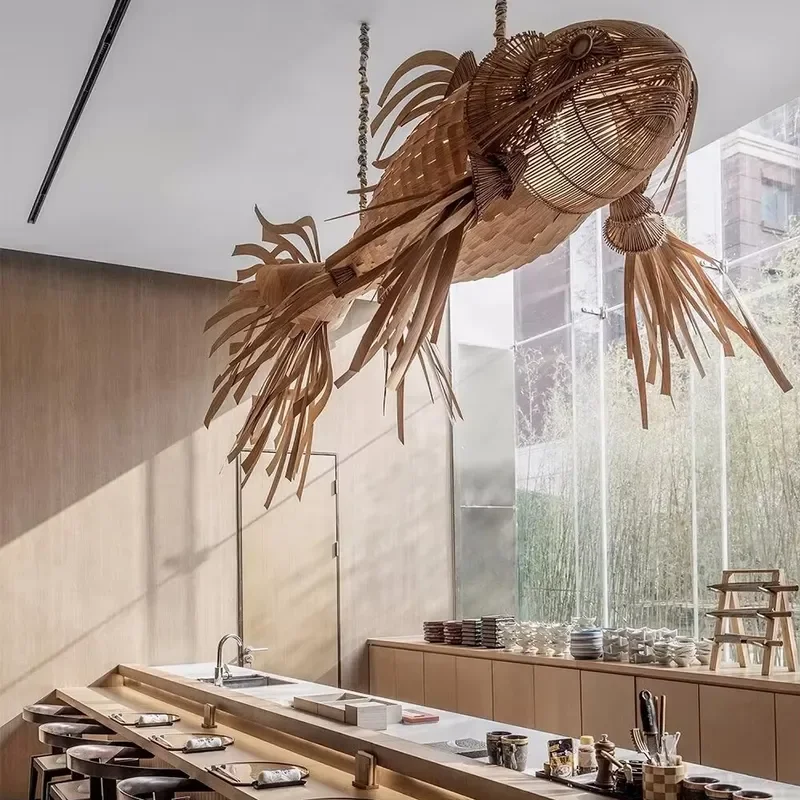 Custom Colorful Rattan Fish Chandelier Creative Post Modern Decorative Lamp Suitable For Chinese Architecture Material Design