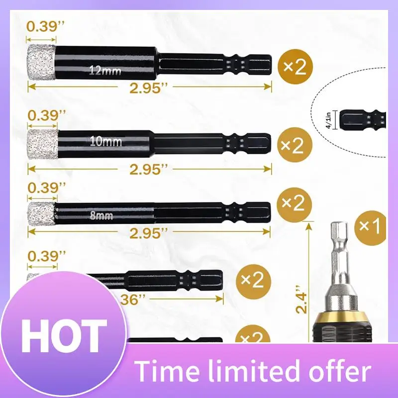 

B69C 11Pcs Diamond Drill Bits Set For Marble Tile Stone Glass Porcelain Hard Materials For Core Fast Dry Drilling