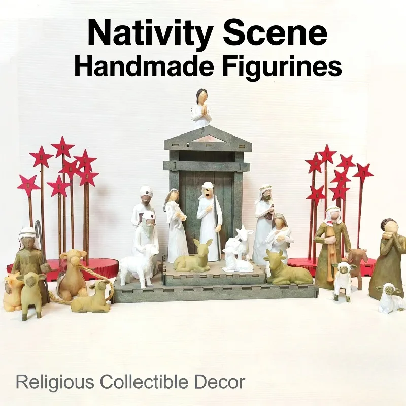 Handcrafted Nativity Set with Holy Family Figures Rustic Religious Christmas Decorations for Home Faith Gift Family Anniversary