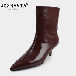 JOZHAMTA Size 34-40 Women'S Genuine Leather Ankle Boots New Low Heel Ankle Boots Party Dancing Short Pointy Toe Shoes For Women