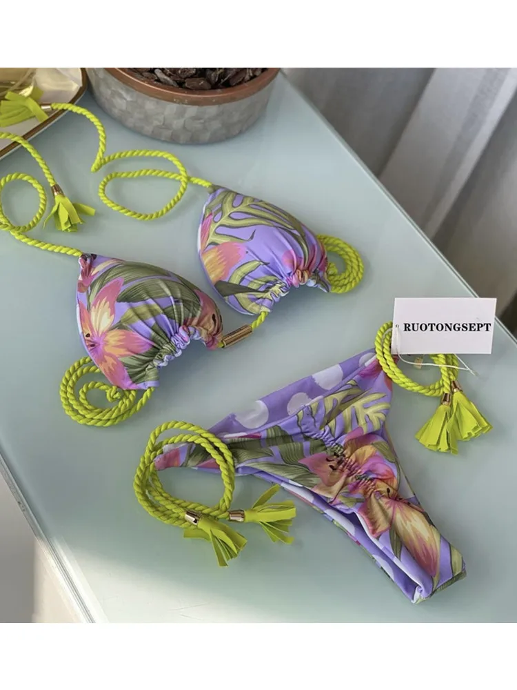 

Сексуальный купальник-бикини с принтом и завязками, раздельный комплект, треугольный дизайн, с чашечками, без косточек, другие бренды