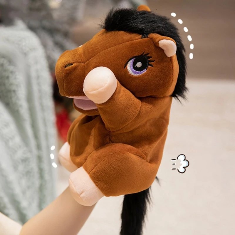 Jouet en peluche cheval dessin animé, marionnette à main mignonne avec bouche ouverte, mâchoire Flexible, Animal en