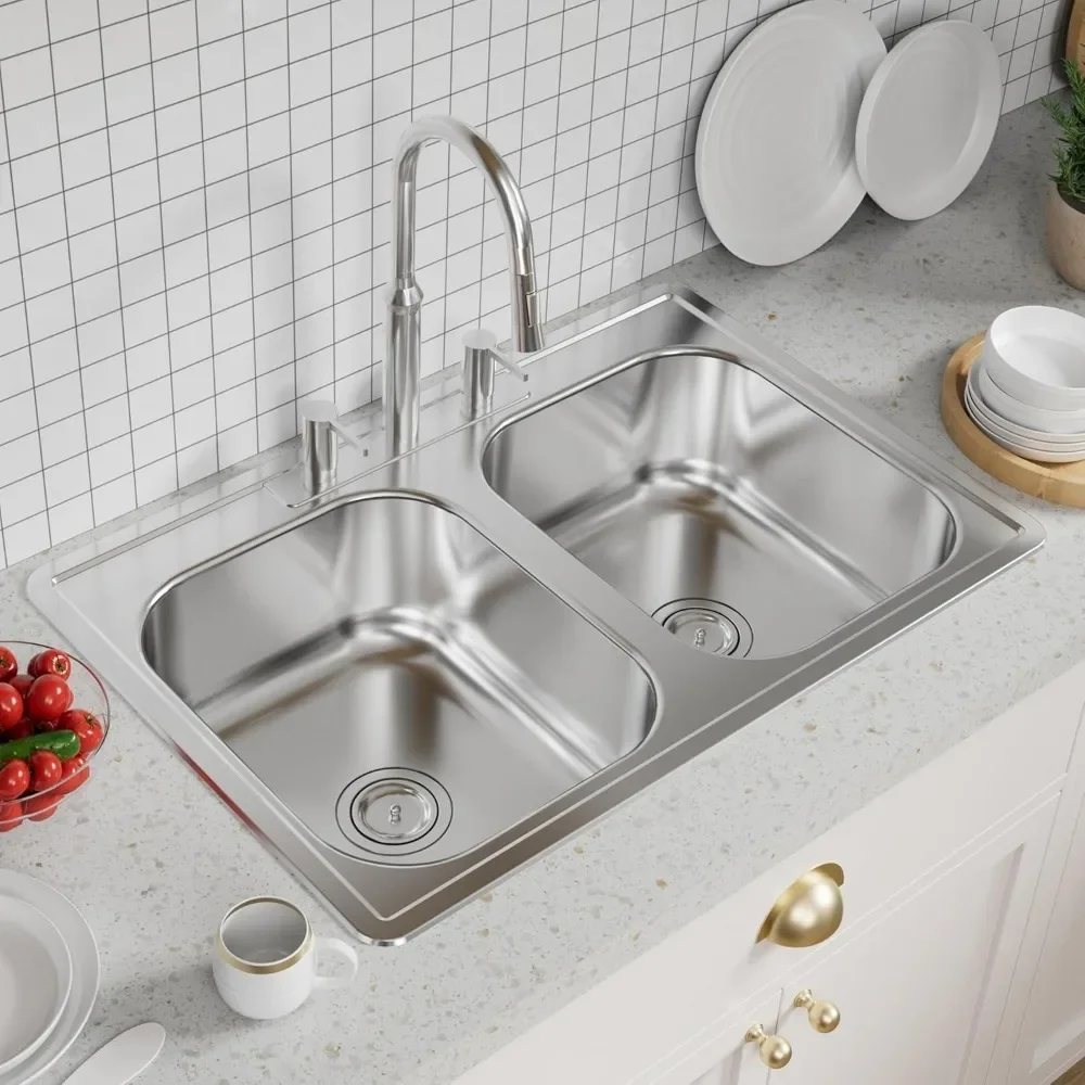 

33 Inch Double Bowl Drop in 50/50 Kitchen Sink Top Mounted 18 Gauge 304 Stainless Steel Sink with Strainer,33" X 22" X 9"