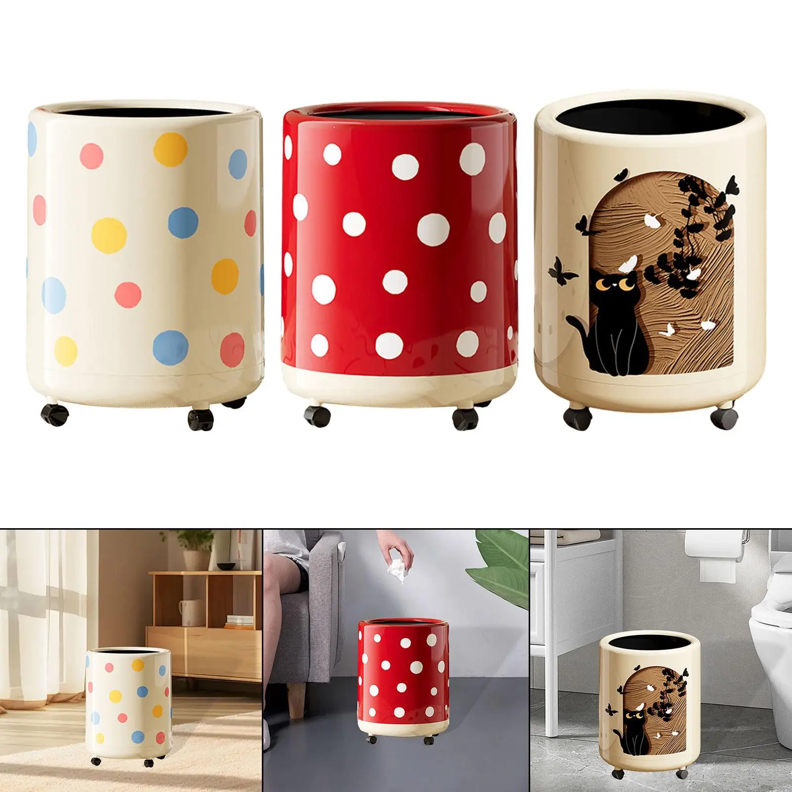 Polka Dot Trash Can Wastebasket Minimalist Dustbin 12L Round Garbage Can Recycling Bin for Office Study Household Dorm