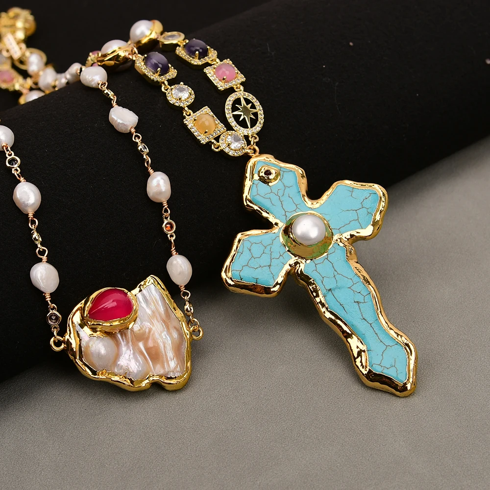 

GG Натуральный Белый Жемчуг Cz Mix Цвет Кристалл Цепочка Ожерелье Золотой Край Синий Бирюзовый Жемчуг Подвеска