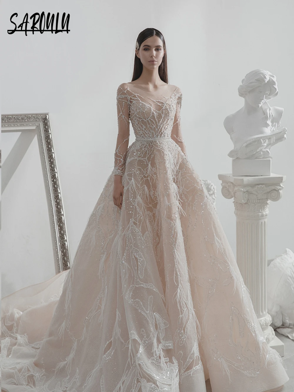

Bright Illusion Sleeves Evening Dress Feathered A Line Prom Gown Charming Corset Beaded Customized Buttons Back Wedding Party