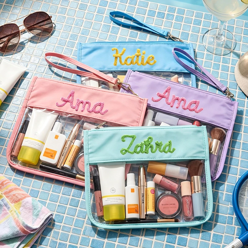 Personalized Embroidery Customization Pvc Waterproof Beach Bag Clear Pouch Summer Gift Toiletry Bag Vinyl Pouch Clear Makeup Bag