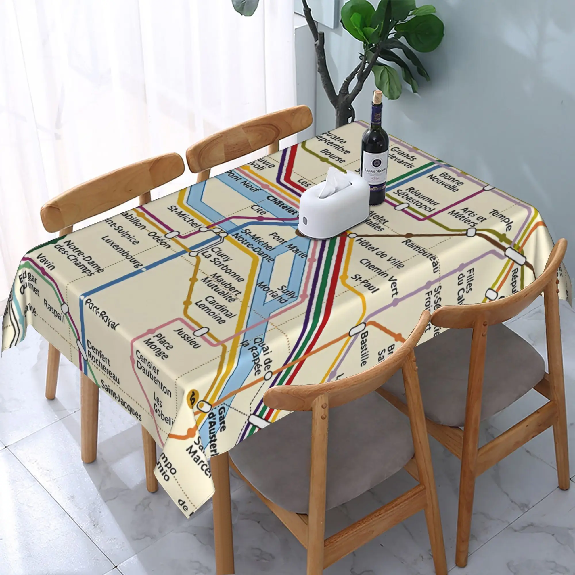 Paris Metro Map Tablecloth, Beige With Colorful Paris Subway Route Print Rectangular Table Cover for Dining Kitchen Home Decor