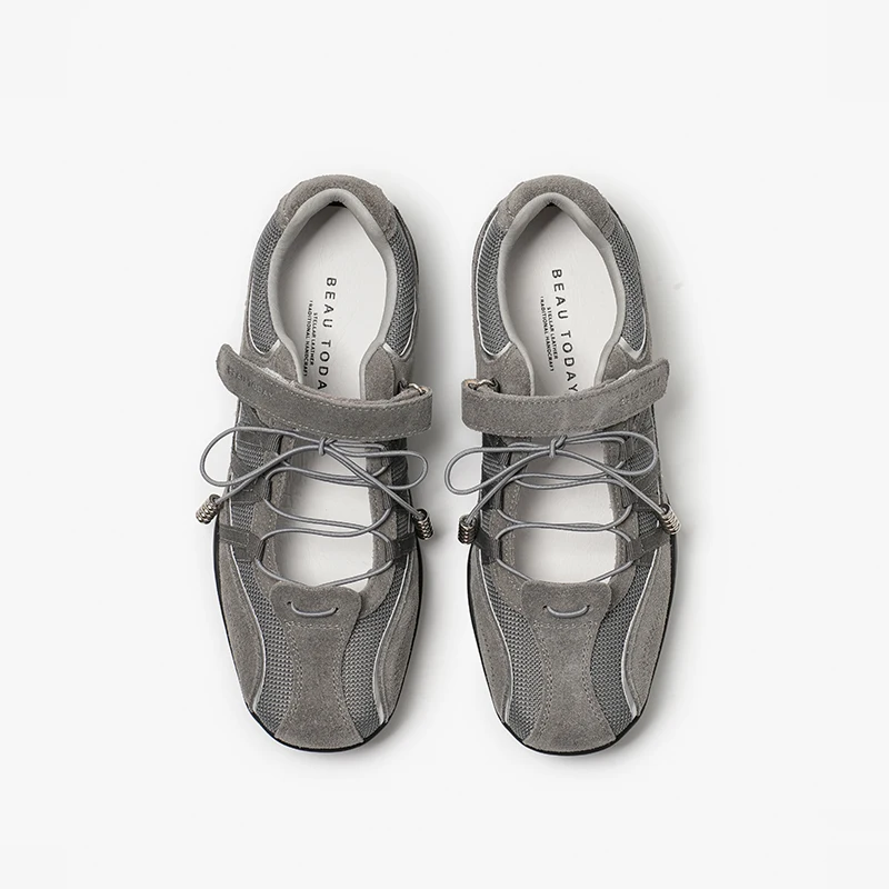 BEAUTODAY Ballet Sneakers Women Cow Suede Leather Round Toe Hook&Loop Patchwork Trainers Ladies Shoes Handmade 25333