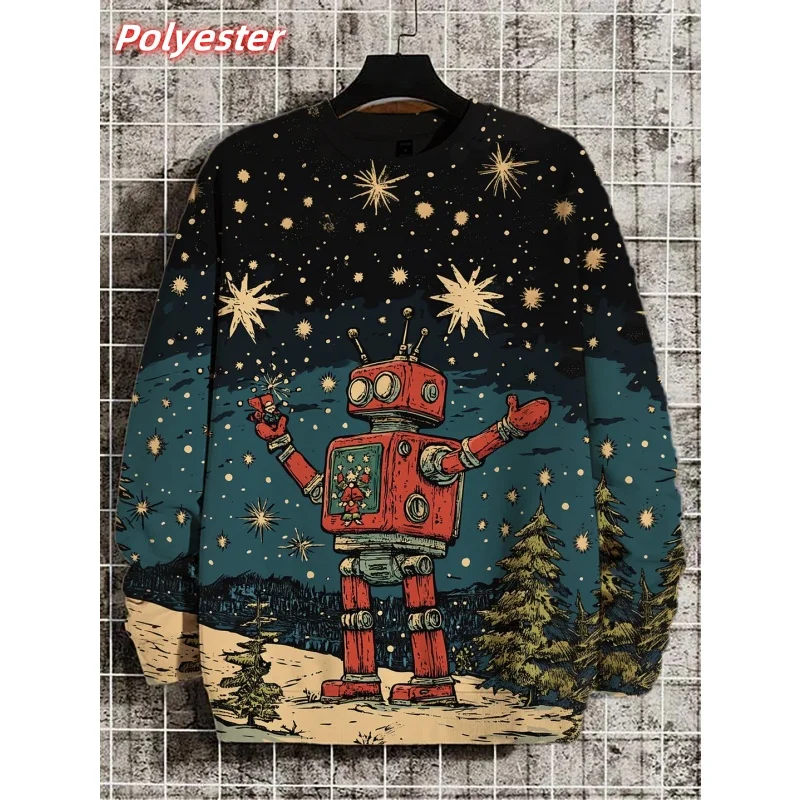 3D Print Santa Claus Hoodie For Men Christmas Deer Raccoon Robot Pattern Sweatshirt Long Sleeves Pullovers Casual O-Neck Hoodies