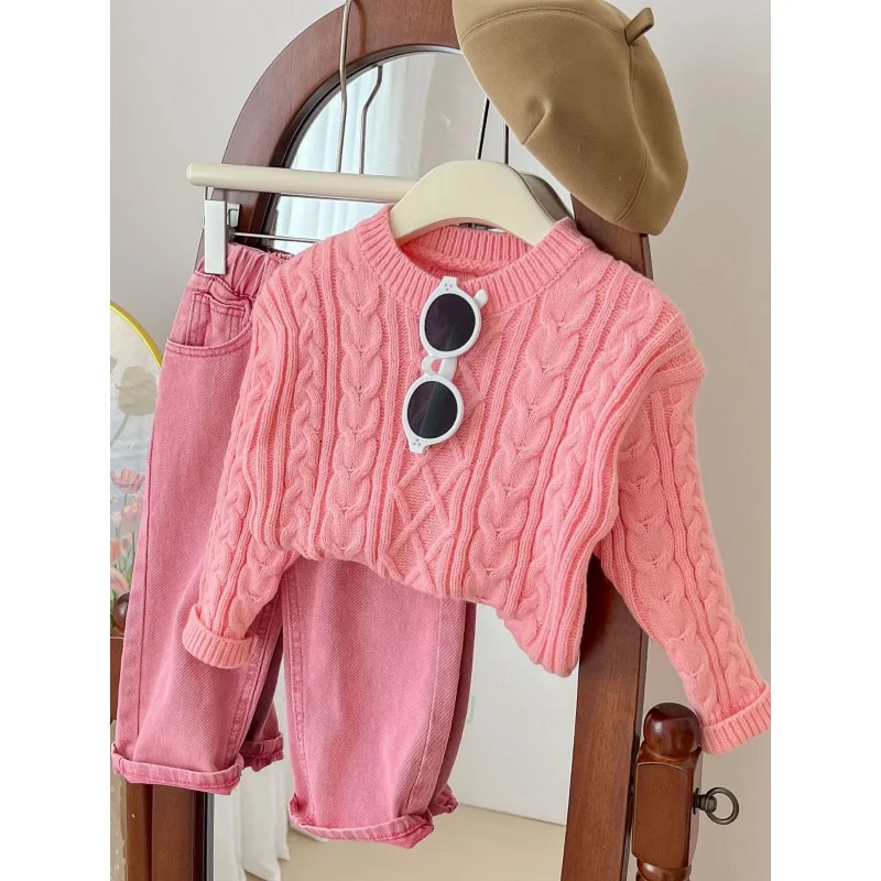 Girls' Spring and Autumn New Fashionable Western Style Internet Celebrity Knitted Sweater Pink Two-Piece Pants Trendy