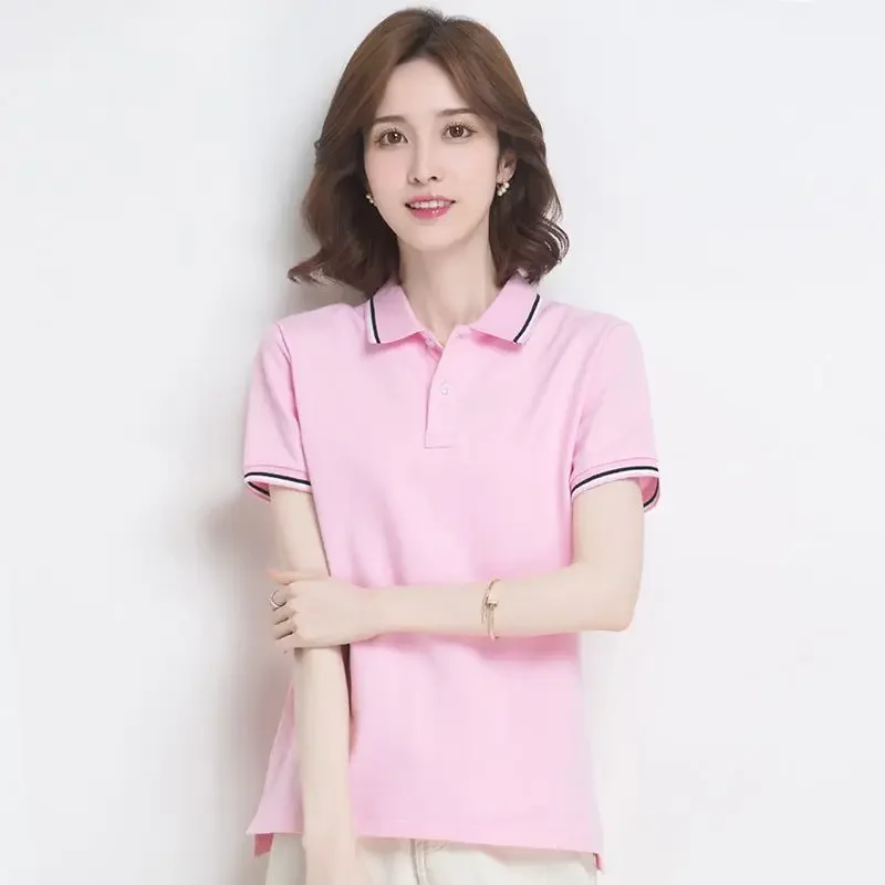 Polo Neck Shirt for Women Pink Plain Baggy Button Women's Clothing Woman T Trend 2024 in Korean Popular Clothes Style Synthetic