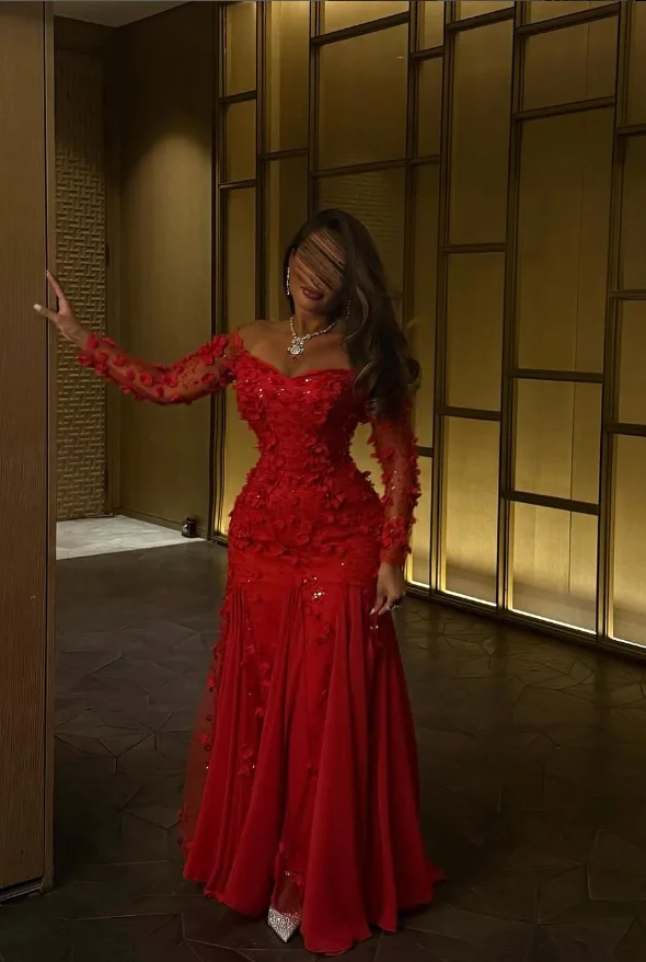 Robe de soirée de forme sirène, rouge, arabe, manches longues, épaules dénudées, motif Floral 3D froncé, robe de Gala de bal, personnalisée