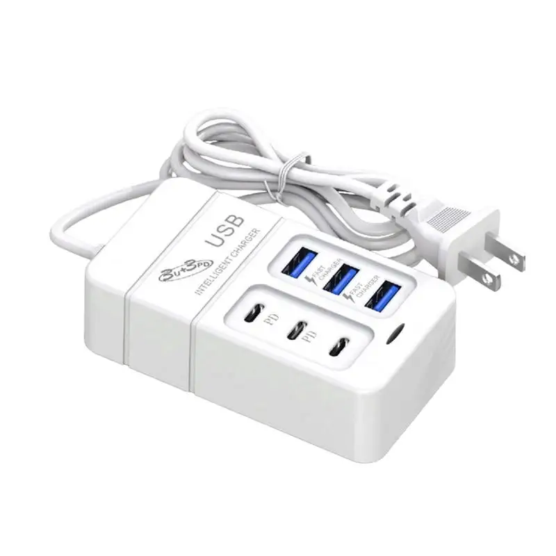 35W Type C USB 6 Ports Power Strip Charger Station 3PD Fast Charging US Plug Adapter USB A Phone Wall Charger