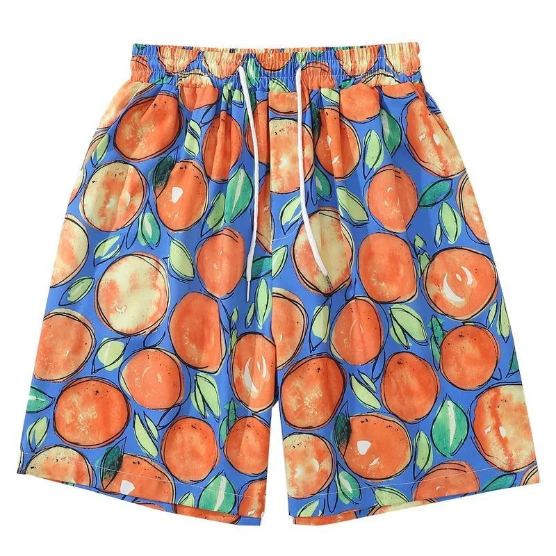 New Summer Beach Pants Knee Length Oversized Pants for Men Harajuku Cute Peach Full Printed Cartoon Shorts Kawaii Couples Japan